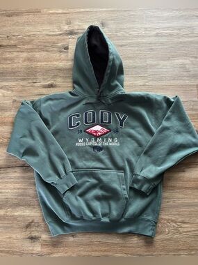 Prairie Mtn XL XLG Cody Wyoming Rodeo Capital Vtg heavy duty blue green hoodie